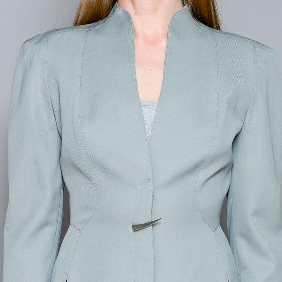 675. THIERRY MUGLER Vintage Seafoam Wool Structured Blazer XS 16"P2P - Picture 2 of 14